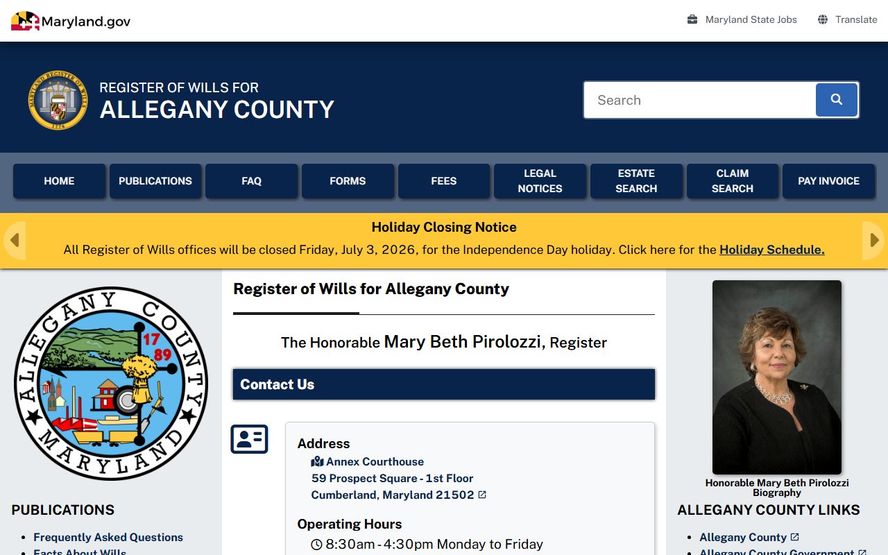Allegany County arrest records Register of Wills local page
