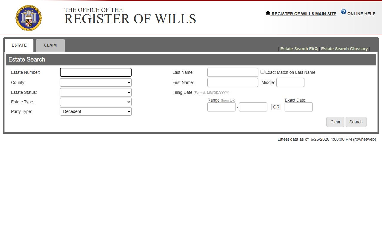 Allegany County arrest records Register of Wills Estate Search page