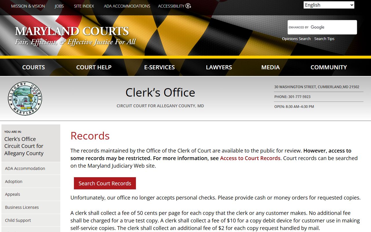 Allegany County court records clerk records page