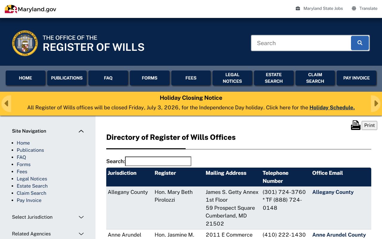 Allegany County probate records statewide Register of Wills directory