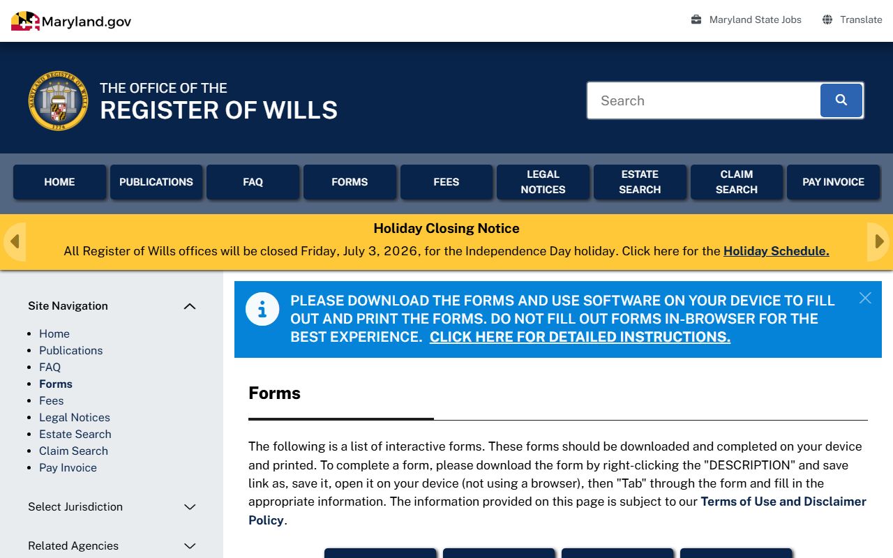 Allegany County probate records Register of Wills forms page