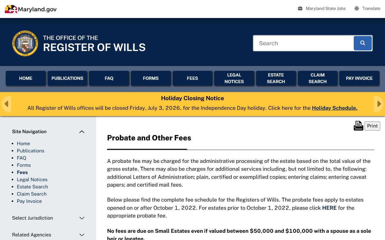 Allegany County probate records Register of Wills fee schedule